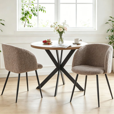 Dining Table Set For 2 With Chairs, 37" Engineered Wood Round Table Wipe Clean With 2 Fluffy Sherpa Arm Chairs, Modern Dinette Set With Metal Legs For Breakfast, Dining Room, Coffee Shop