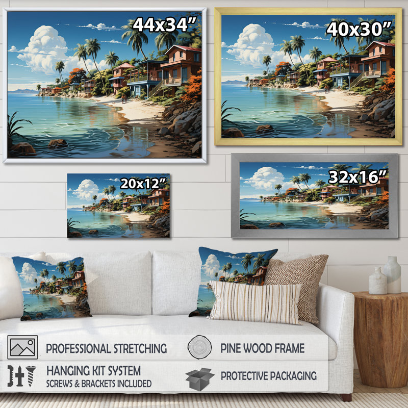 Beach Tropical Vibes - Coastal Beach, art mural encadré, H 34 po x l 44 po x P 1,5 po, Cadre simple blanc