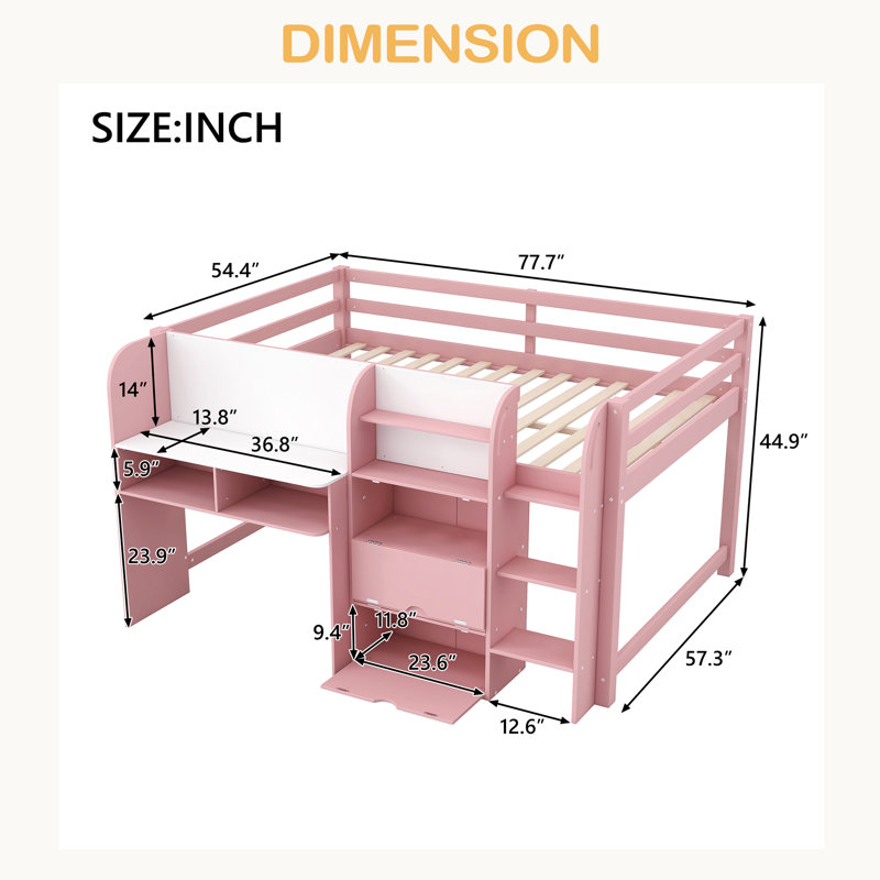 Lit mezzanine double pleine grandeur avec bureau intégré, armoires de rangement et bibliothèque ouverte, tableau blanc pour graffiti