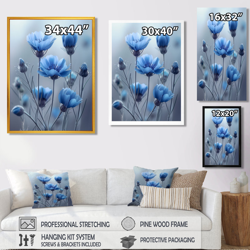 Monochromes bleus gris avec fleurs de maïs - Reproduction d'art mural bleuets, Toile encadrée blanche avec une seule photo