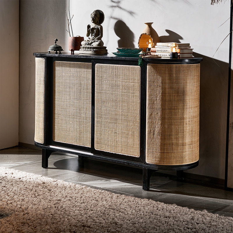 Armoire décorative en rotin tissé à porte coulissante