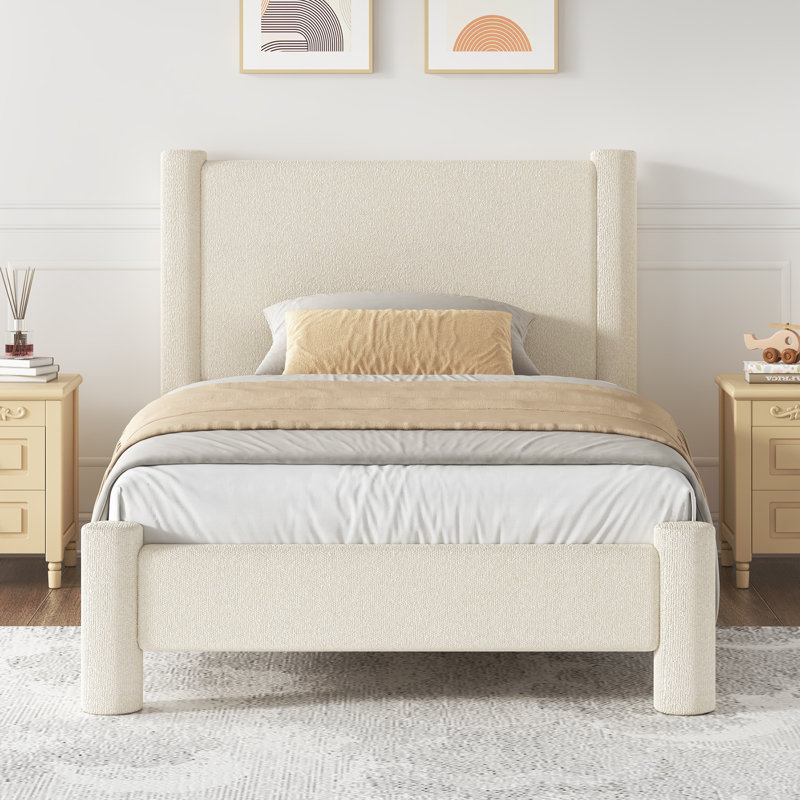 Lit plateforme tapissier Boucle, Simple, Crème