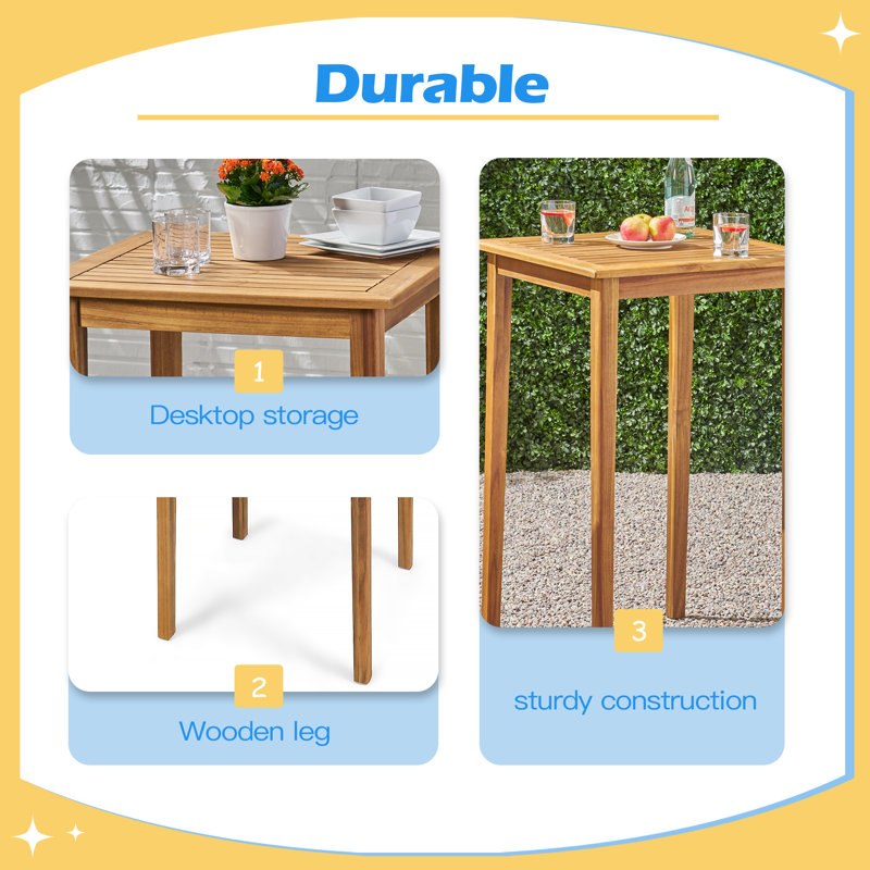 Table de bar d'extérieur carrée en bois d'acacia minimaliste, Teck