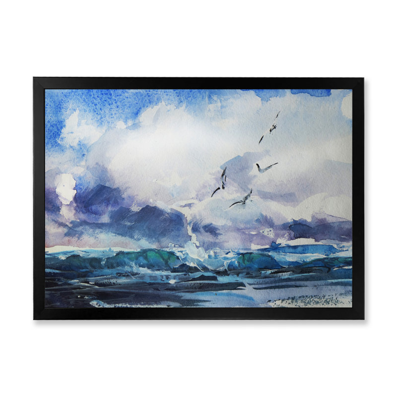 Vague et goélands - Peinture sur toile, Cadre noir, H 8 po x l 12 po x P 1 po