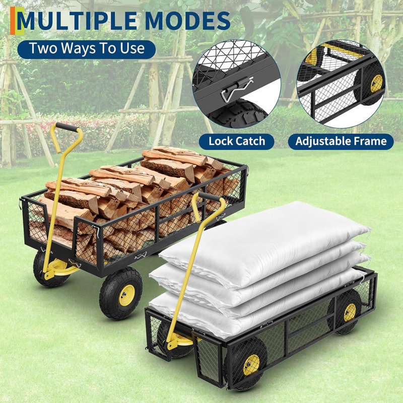 Chariot de jardin 900 LBS avec côtés en filet amovibles, chariot de jardin en acier robuste avec poignées réglables et pneus pneumatiques de 10 po, chariot utilitaire pour la cour de camping de pelouse