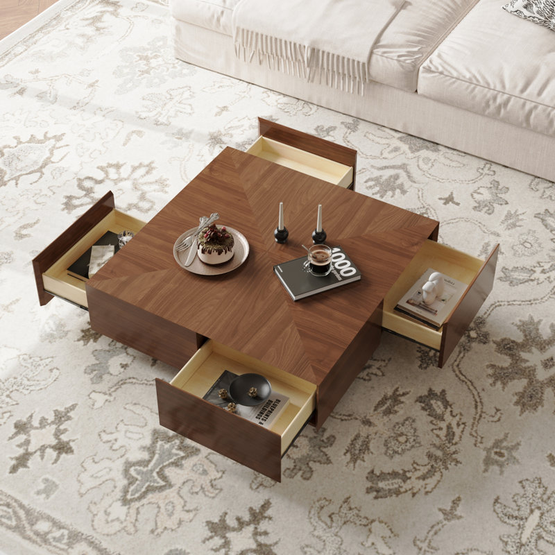 Table basse carrée en bois 35,43 po, centre en noyer avec quatre tiroirs