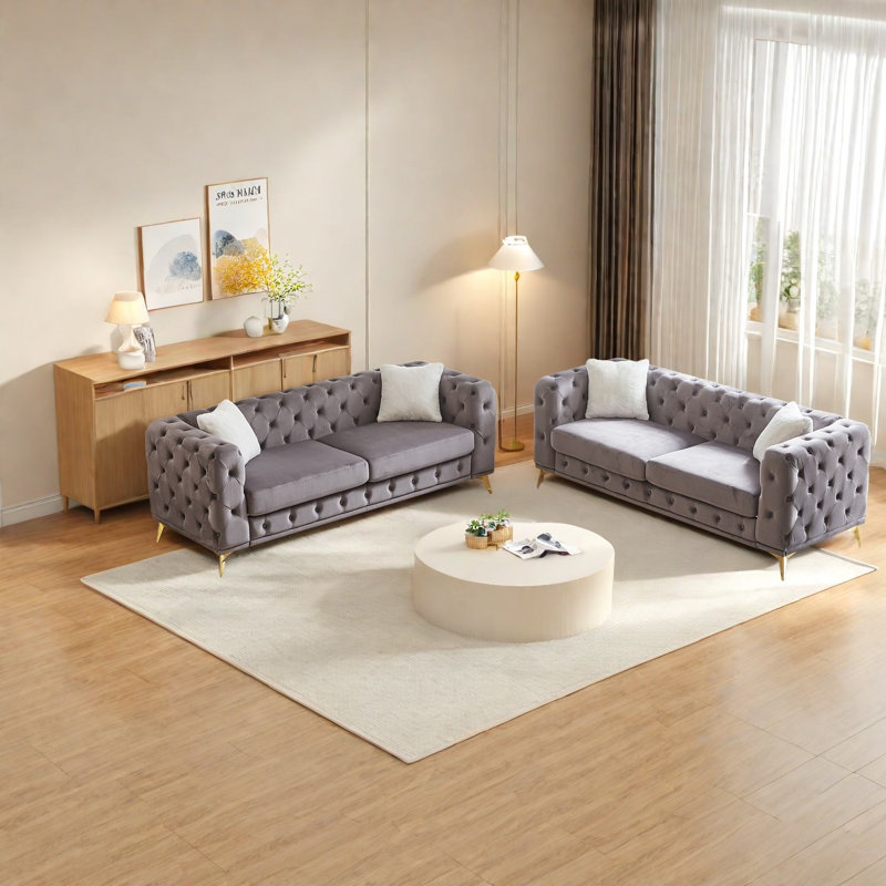 Ensemble de canapés à compression, canapé moderne en velours gris 3 places pour la maison