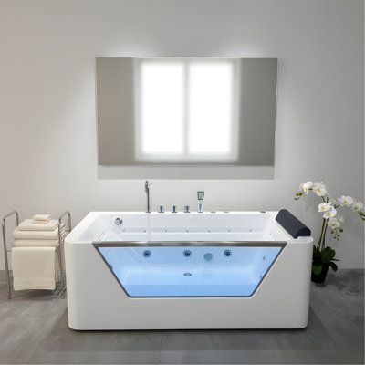 Baignoire tourbillon 67 ", baignoire à jets d'hydrothérapie avec panneau en verre, 7 jets, tablier à 3 côtés, 89 gallons, blanc