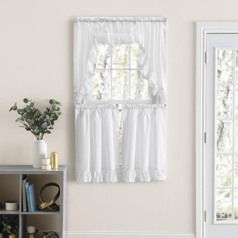 Aashriya Solid Rufled Cafe Curtain in White, 84" W x 36" L, White