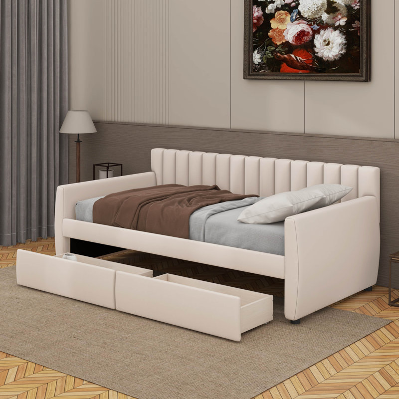 Lit de jour simple tapissier avec tiroirs, Beige