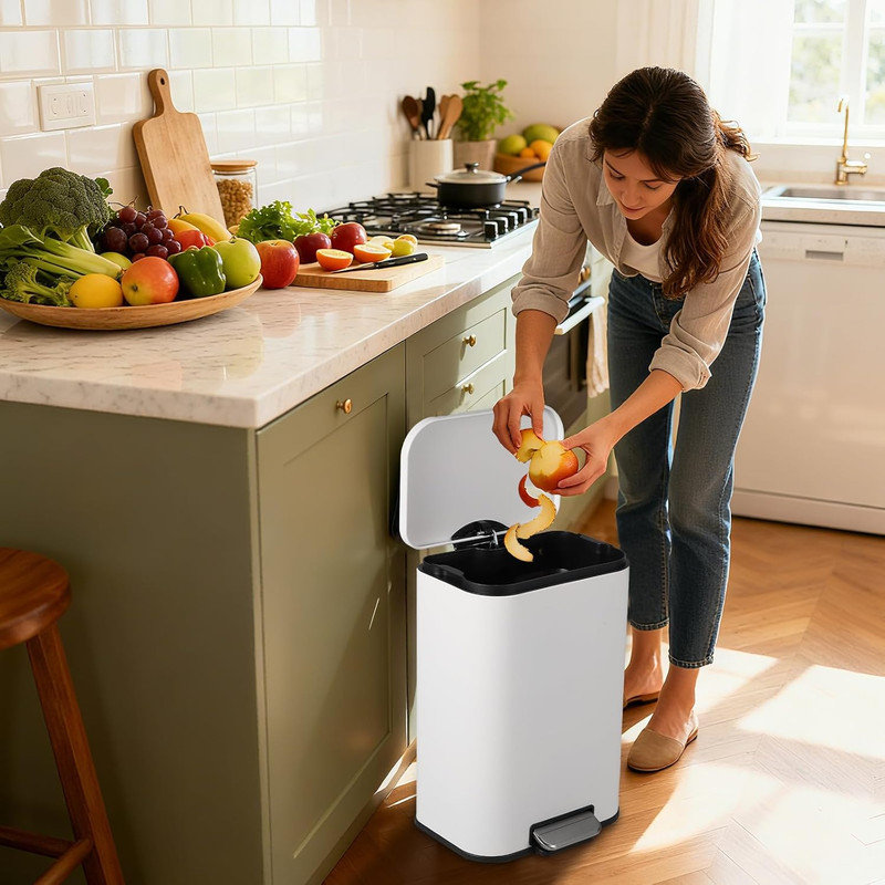 Poubelle en acier inoxydable avec couvercle à fermeture en douceur et seau amovible pour la cuisine, Blanc, 5.3