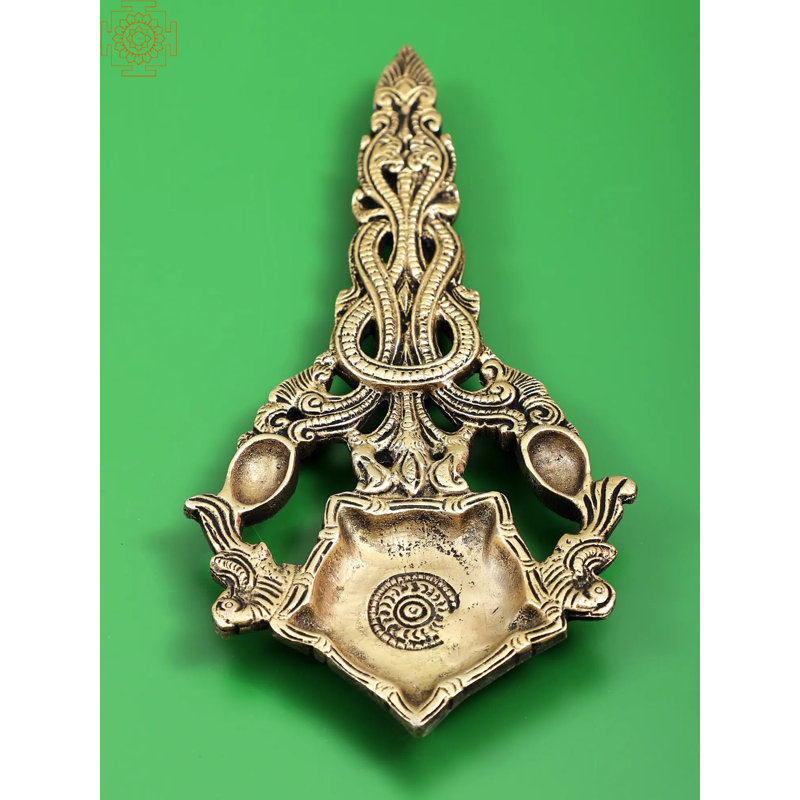 8" Handmade Brass Aarti Diya with Ornate Vine Handle - Traditional Single Wick Oil Lamp for Hindu Prayer Ceremony Temple Worship Decor