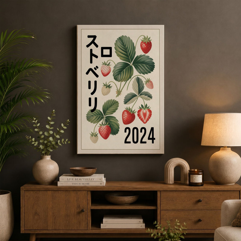 Strawberry Study Botanical 1 Piece Wrapped Canvas Wall Art, 24x16 - 61.0 x 40.6 cm, Cream Border