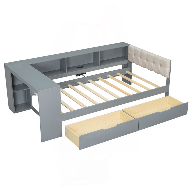 Wood Twin Size Platform Bed With Storage Shelves, Drawers, Charging Station And Upholstered Headboard, Gray, Gray, Twin