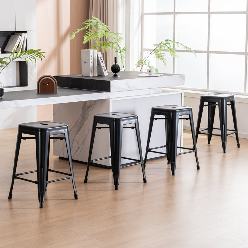 24''H Modern Counter Stool with Metal Frame, Backless Stackable Bar Stool, Matte Black