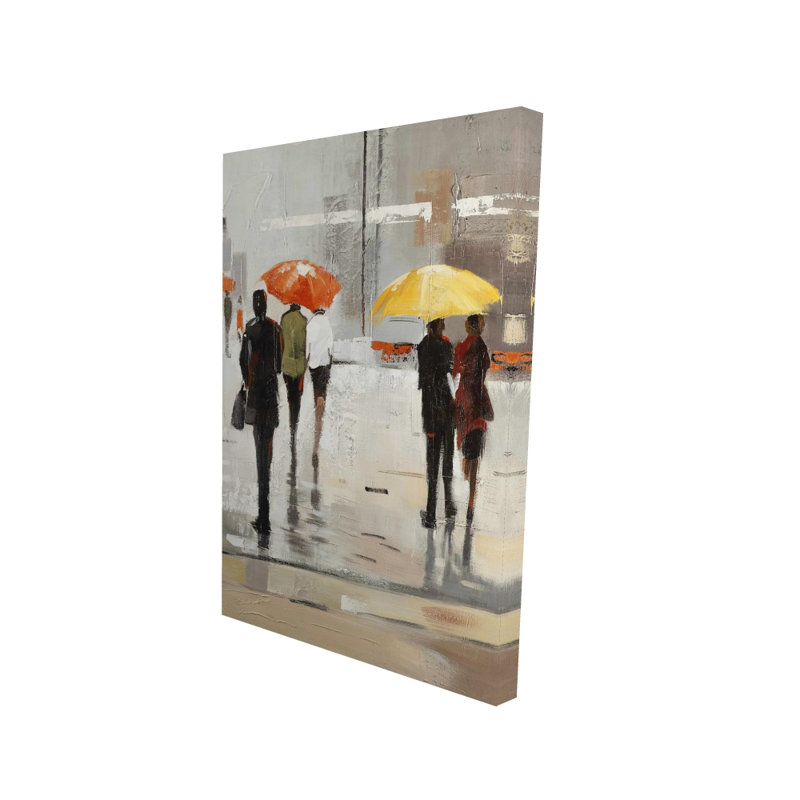 Abstract Passersby with Umbrellas - Brown Canvas Art