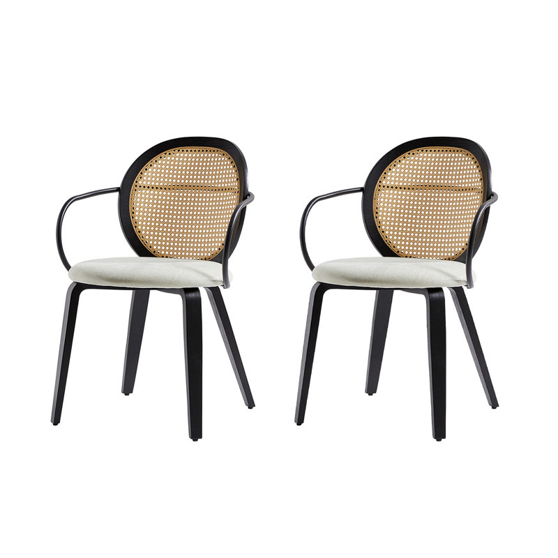 Dionisio 19.5W Mid-Century Modern Rattan Accents Dinning Chair With Solid Wood Legs Set Of 2, Ivory