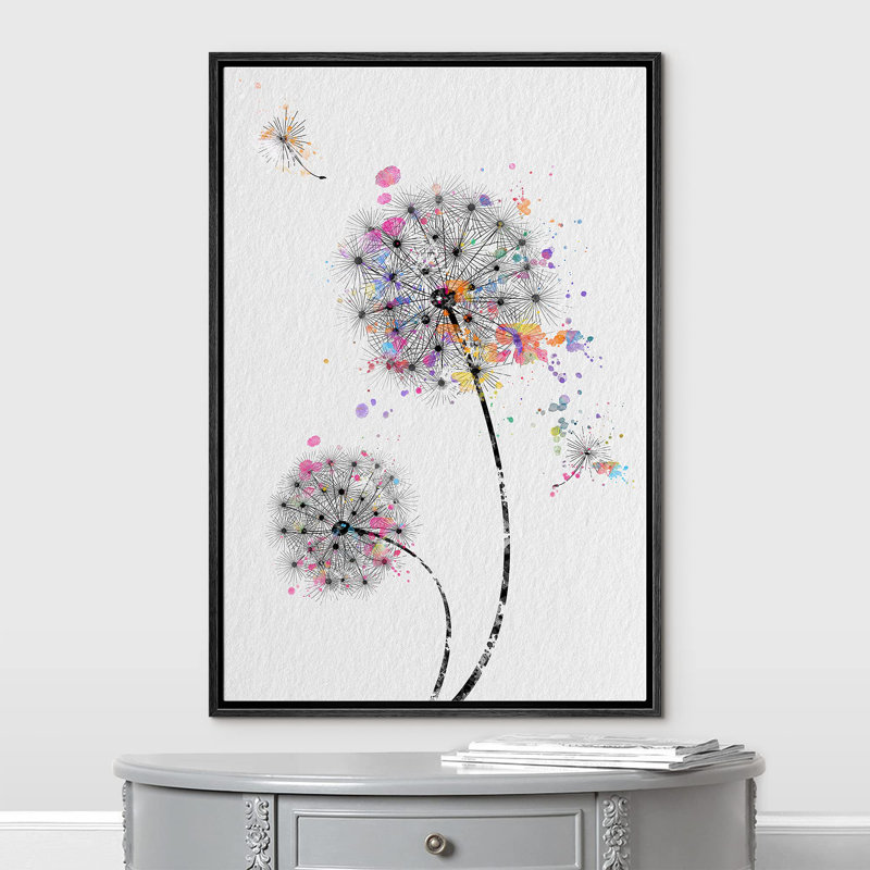Dandelions with Multicolor Paint Dots Plants Illustrations Minimalism Rustic Living Room Decor, Black, 24" H x 16" W