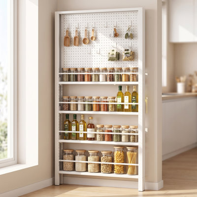 Narrow Carbon Steel Storage Rack with Pegboard & Adjustable Shelves, Ultra-Slim Kitchen Spice Organizer for Behind Door & Wall Corner, Multi-Purpose Shelving Unit