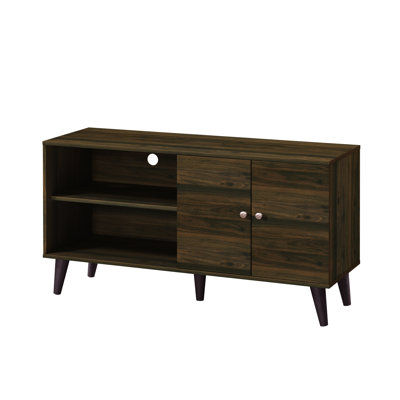 Meuble télé gracieux en noyer, pouvant accueillir des téléviseurs de 50 à 59 po, avec console de rangement de style Mid-Century moderne, 50 à 59 po