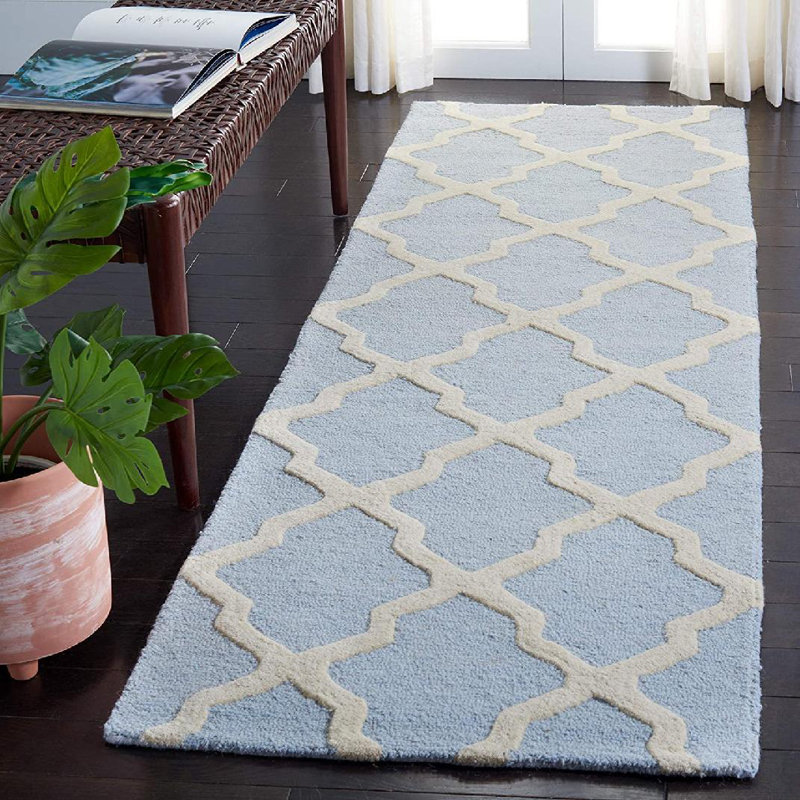 Cannen Hand Tufted Wool Geometric Rug, Runner 2'6" x 12', Light Blue/Ivory