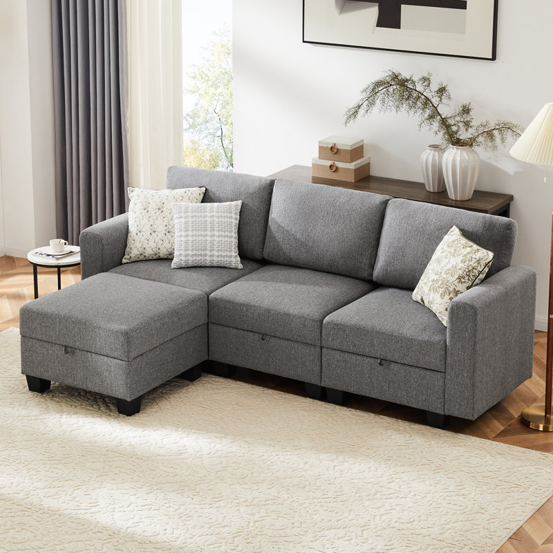 Canapé modulaire rembourré 4 pièces Ilyes, Lin gris