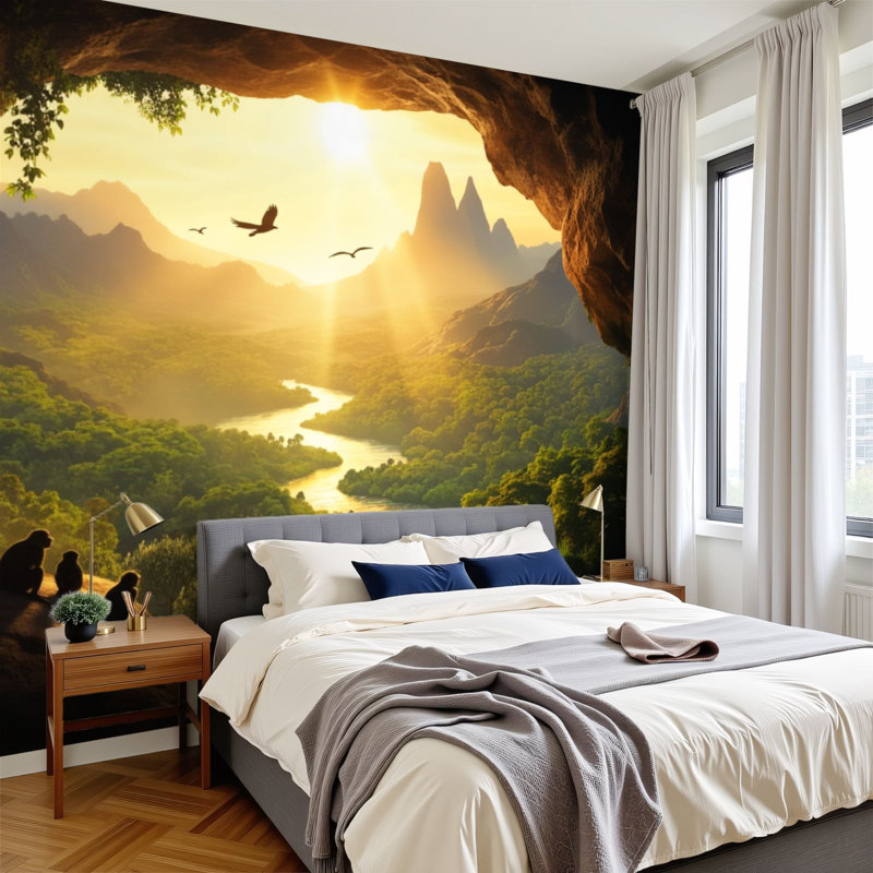 Papier peint auto-adhésif Sunlit Jungle Valley River Monkeys Cave, L 144 po x l 100 po