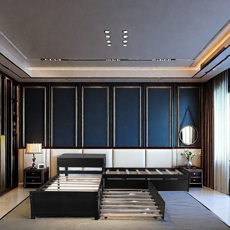L-Shaped Twin Platform Bed With Trundle And Drawers, Built-In Desk, Corner Bed With Storage, Solid Wood Frame, Espresso