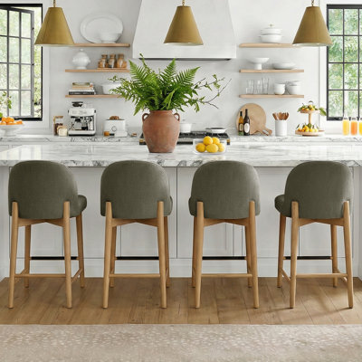 Upholstered Linen Blend Counter Stools with Solid Wood Legs