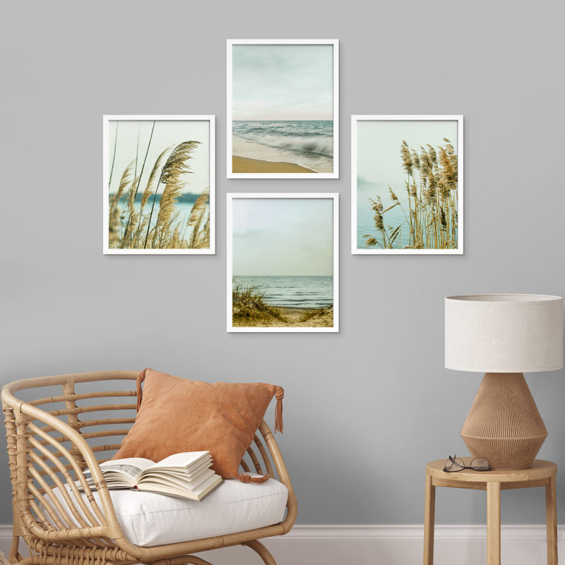 «White Winter California Beach Grass Ocean Horizons», impression sur papier 4 pièces, Blanc, H 14 po x l 11 po
