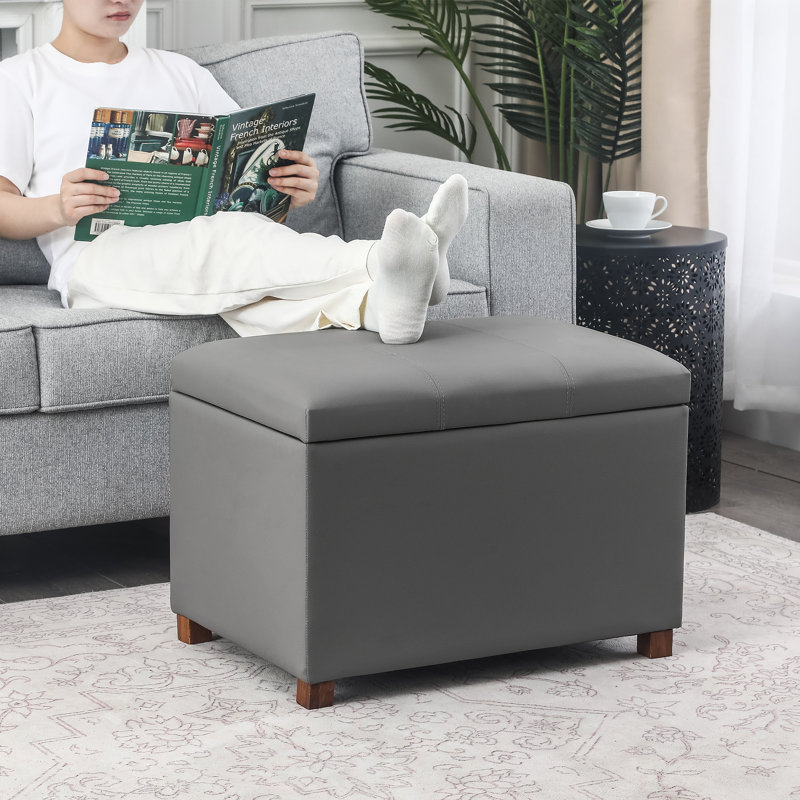 24" Faux Leather Storage Ottoman, Gray