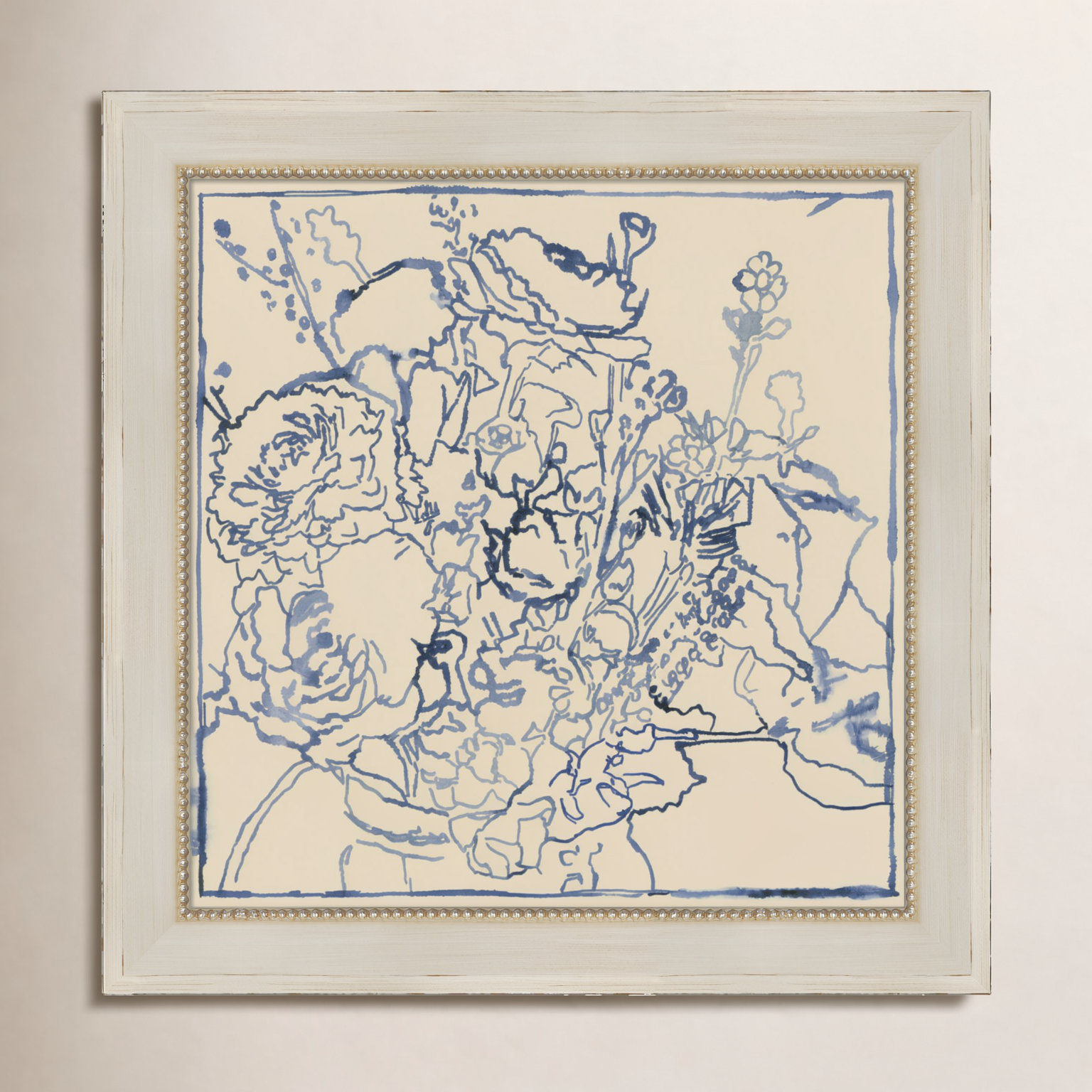 Indigo Floral Sketch I Print, Cream, 24" W x 24" H