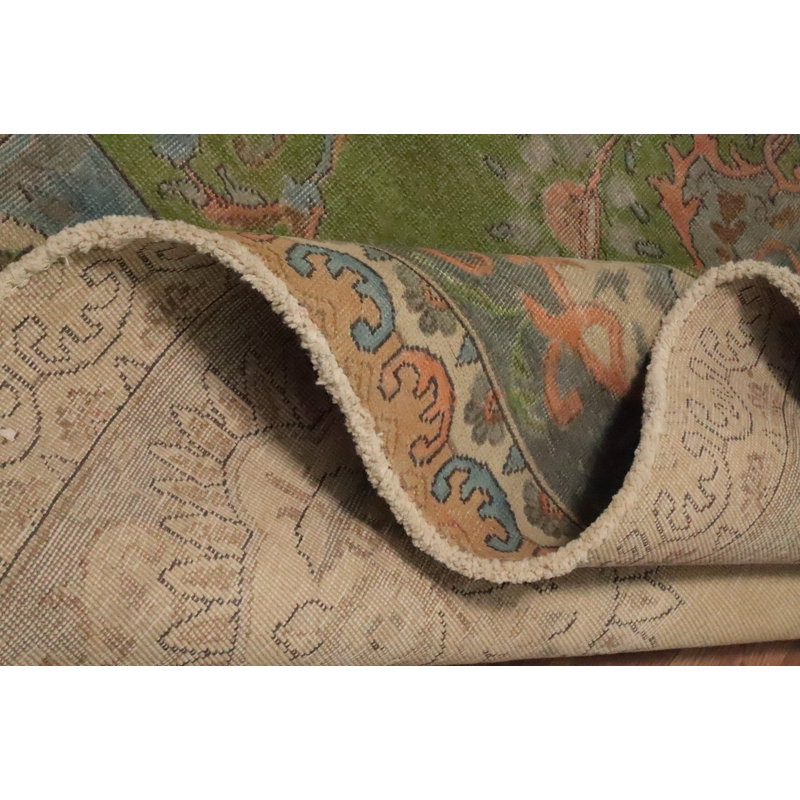 Tapis vert à motif de médaillon en laine vert 10 x 13