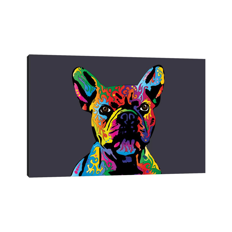 Rainbow French Bulldog On Grey by Michael Tompsett - Wrapped Canvas Print, 20.32 cm H x 30.48 cm W, Wrapped Canvas