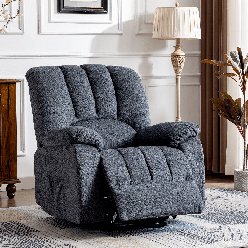 Esquiel 92 cm Wide Velvet Lift Assist Recliner with Massager and Heated Cushion, Blue/grey