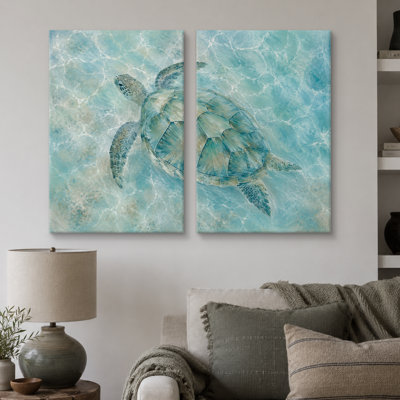 Sea Turtle Ocean Water Artwork, Bathroom Pictures, Framed Canvas Giclee Print 2 Pieces Wall Art