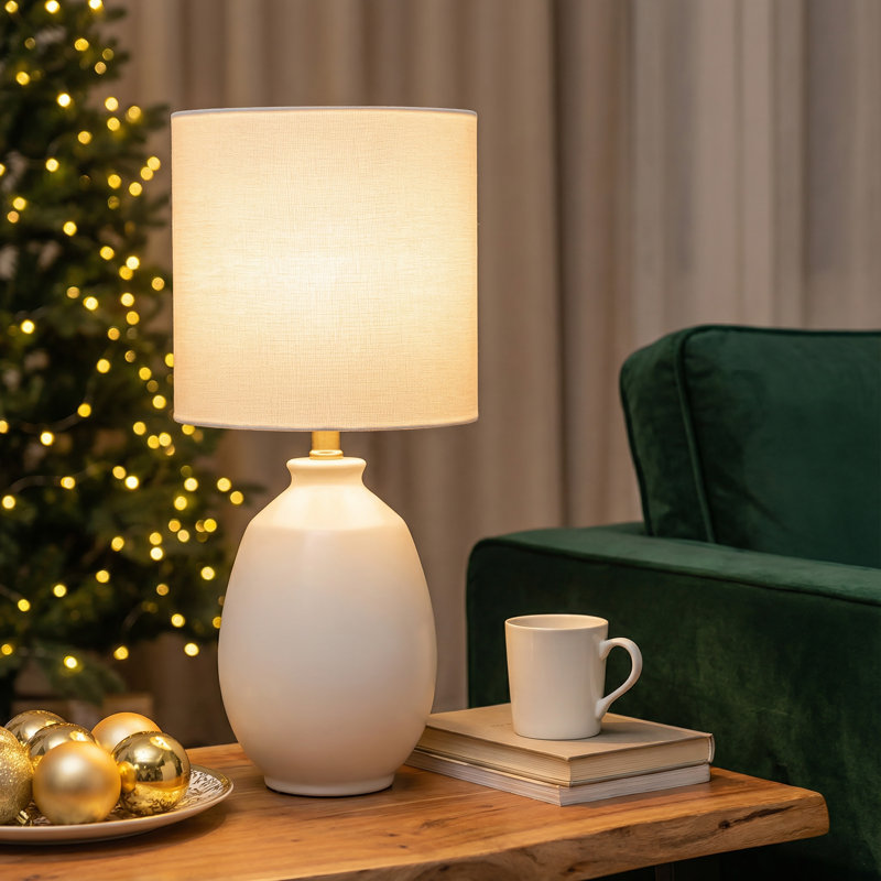 19in. White Bubble Glaze Ceramic Table Lamp With White Linen Shade And Brushed Nickel Lamp Neck, White Bubble Glaze