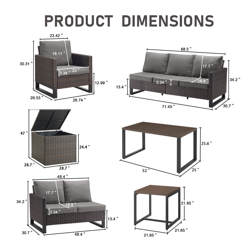 Ensemble de conversation d'extérieur en osier 7 personnes avec chaises longues et table basse Ingvald, Gris