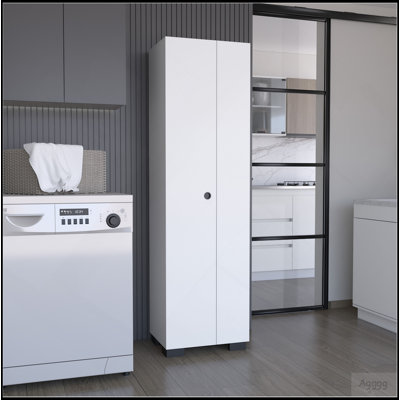 Attica Broom Cabinet Double-Door Design with Inner Shelves and Side Hangers, White