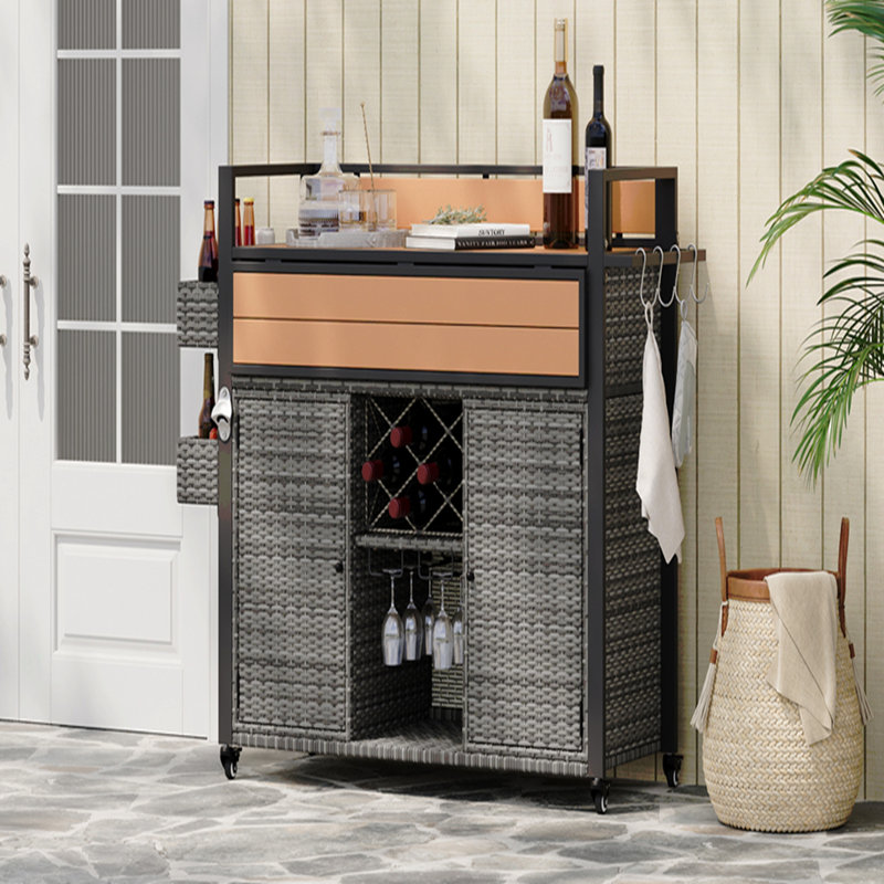 52.8"W Wicker Outdoor Grill Cart with Extended Plastic Wood Table Top, Rolling Kitchen Island on Wheels with Storage Cabinet, for Patio Backyard Garden Poolside, Double Handle Design
