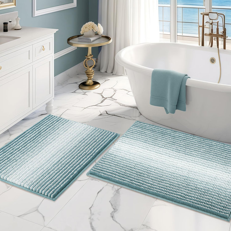 2 Piece  Bathroom Rugs And Mats Sets, Thick Absorbent Chenille, Blue, Set of 2 - 32" L x 20" W