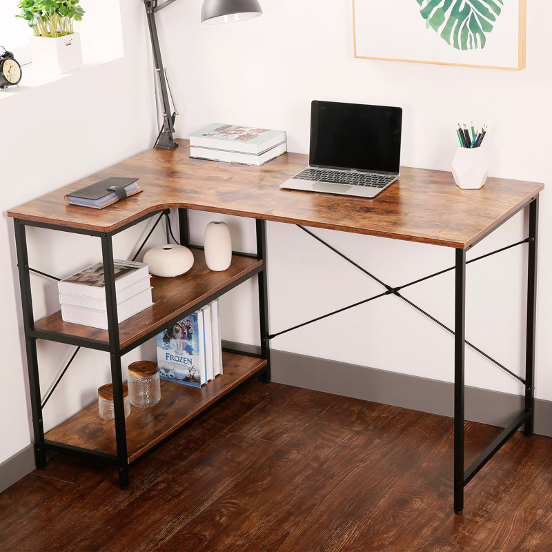 47" L-Shaped Writing Desk with Drawers & 3-Tier Shelves