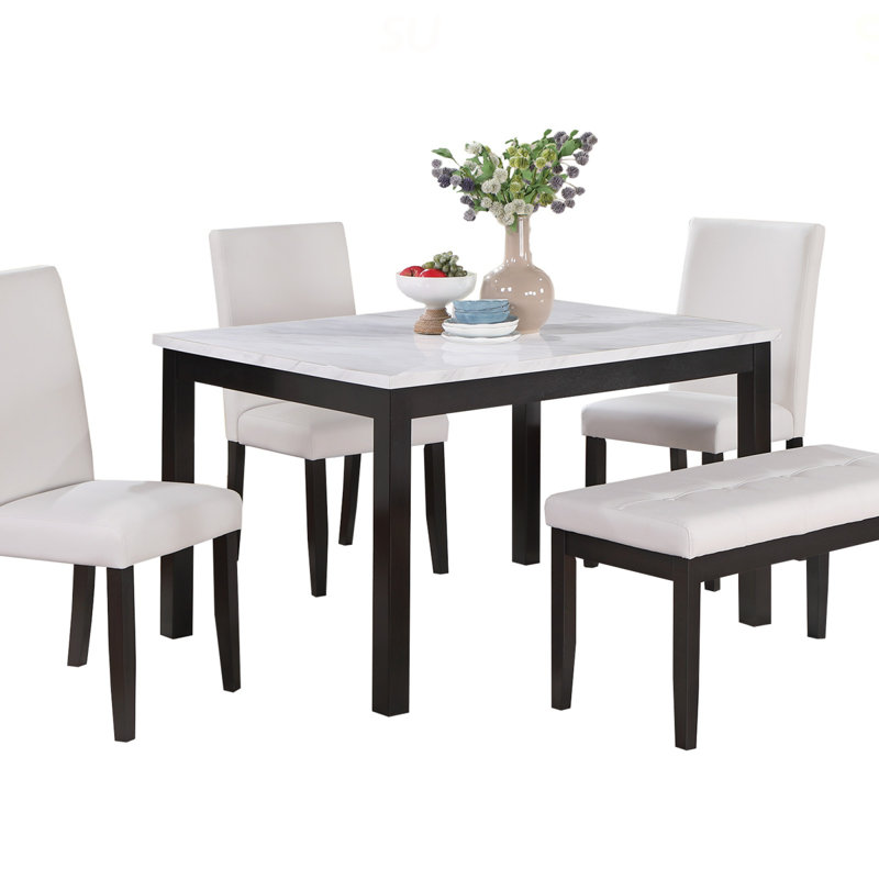 Ensemble de salle à manger 5 pièces avec table en faux marbre, chaises rembourrées et banc pour des sièges élégants et polyvalents