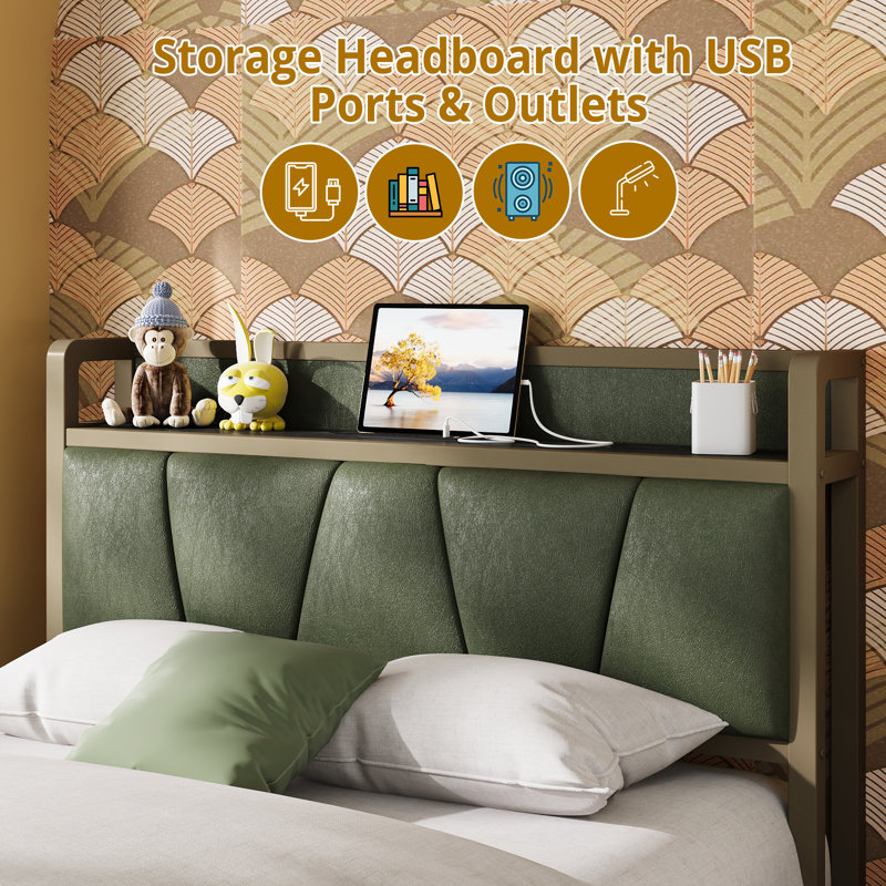 Bed Frame with Storage Headboard and Charging Station, Heavy-Duty Steel Slats, Quiet and Stable, Easy Assembly, Twin XL