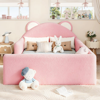 Upholstered Bed, Cute Bear Shaped Upholstered Floor bed, Bed Frame with Removable Magic Tape Headboard, Low Floor Bed