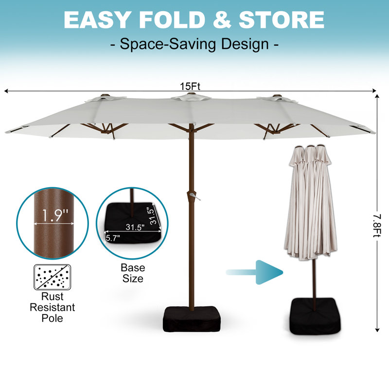 Parasol de patio à double face 15 pi x 9 pi avec base pour piscine de jardin, Beige