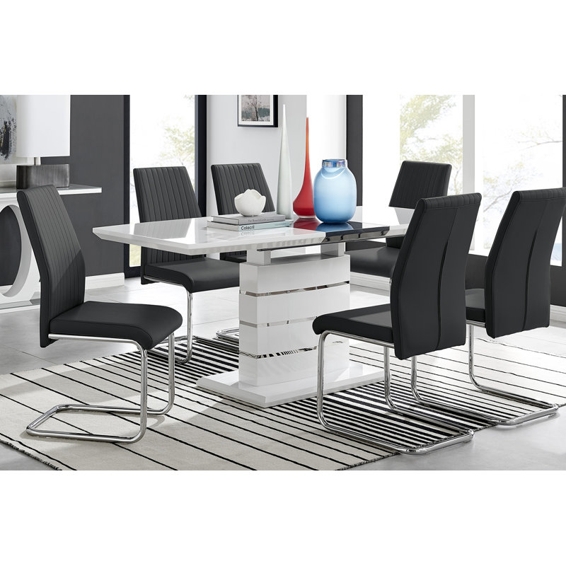 Renne Modern High Gloss Extendable Dining Table Set With 6 Upholstered Faux Leather Dining Chairs, Black