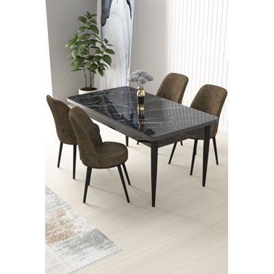 Ensemble 5 pièces de table et chaises de salle à manger moderne, marbre noir et brun, 43,3 po x 29,9 po x 27,9 po | Panneau de particules 100% mélaminé, pieds en métal, chaises en tissu Jerry | Confortable dossier en mousse à 22 couches et siège en mousse à 28 couches, conception élégante et durable