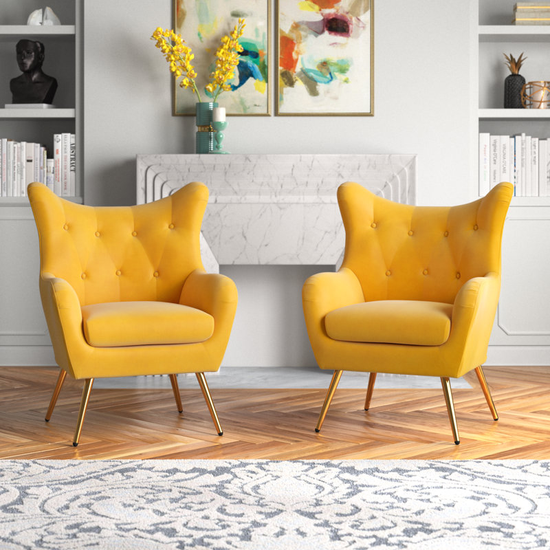 Fauteuil à oreilles 29,25 po Avianna, Velours moutarde
