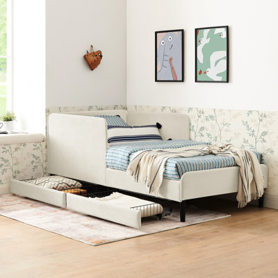 Lit simple en velours avec 2 tiroirs de rangement et revêtement beige, réglable pour une petite chambre à coucher, design moderne, rembourrage confortable, tiroirs à plateforme revêtus de bois d'eucalyptus, convertible